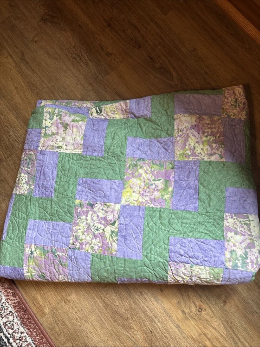 Homemade Modern King Quilt Green & Purple Size 100 X 92 Nine Patch